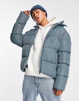 ASOS DESIGN puffer jacket with removable hood in blue - ASOS Price Checker