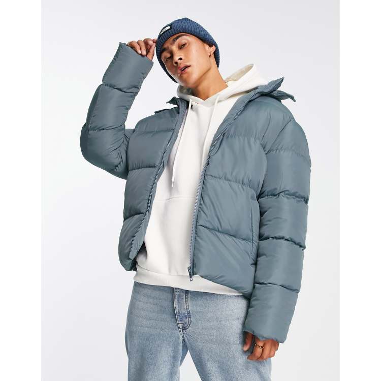 ASOS DESIGN puffer jacket with detachable hood in gray