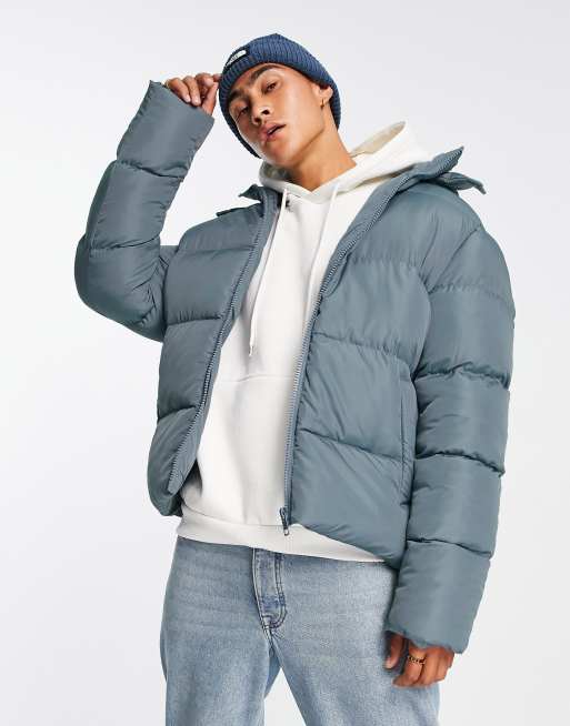 ASOS DESIGN puffer jacket with removable hood in blue | ASOS