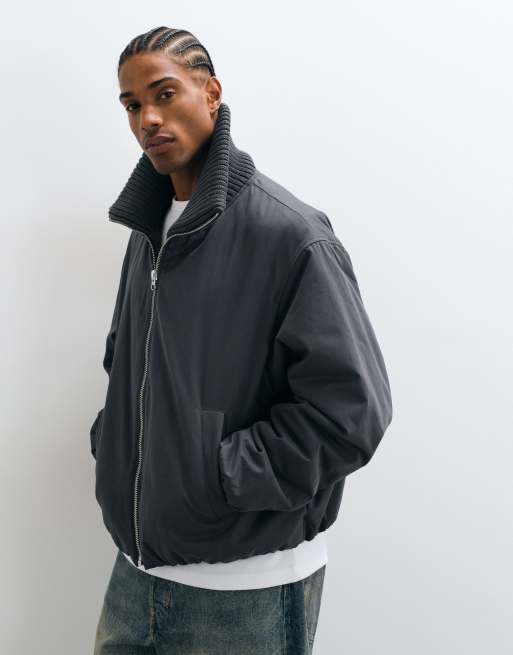 ASOS DESIGN puffer jacket with rib neck in gray, 4 of 5
