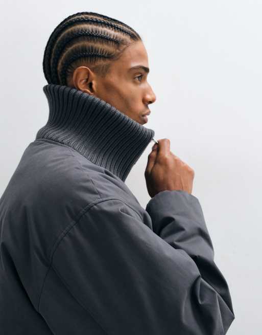 ASOS DESIGN puffer jacket with rib neck in grey, 3 of 5