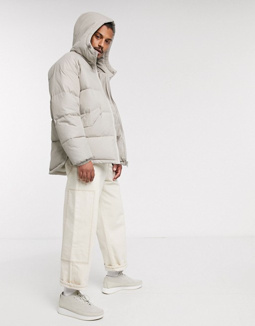 ASOS DESIGN puffer hooded jacket with side zip detail in stone