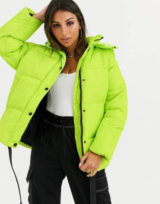 neon green puffer coat