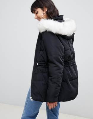 black jacket with white fur hood