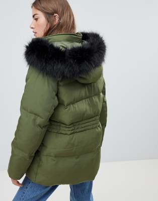 khaki puffer jacket with faux fur hood