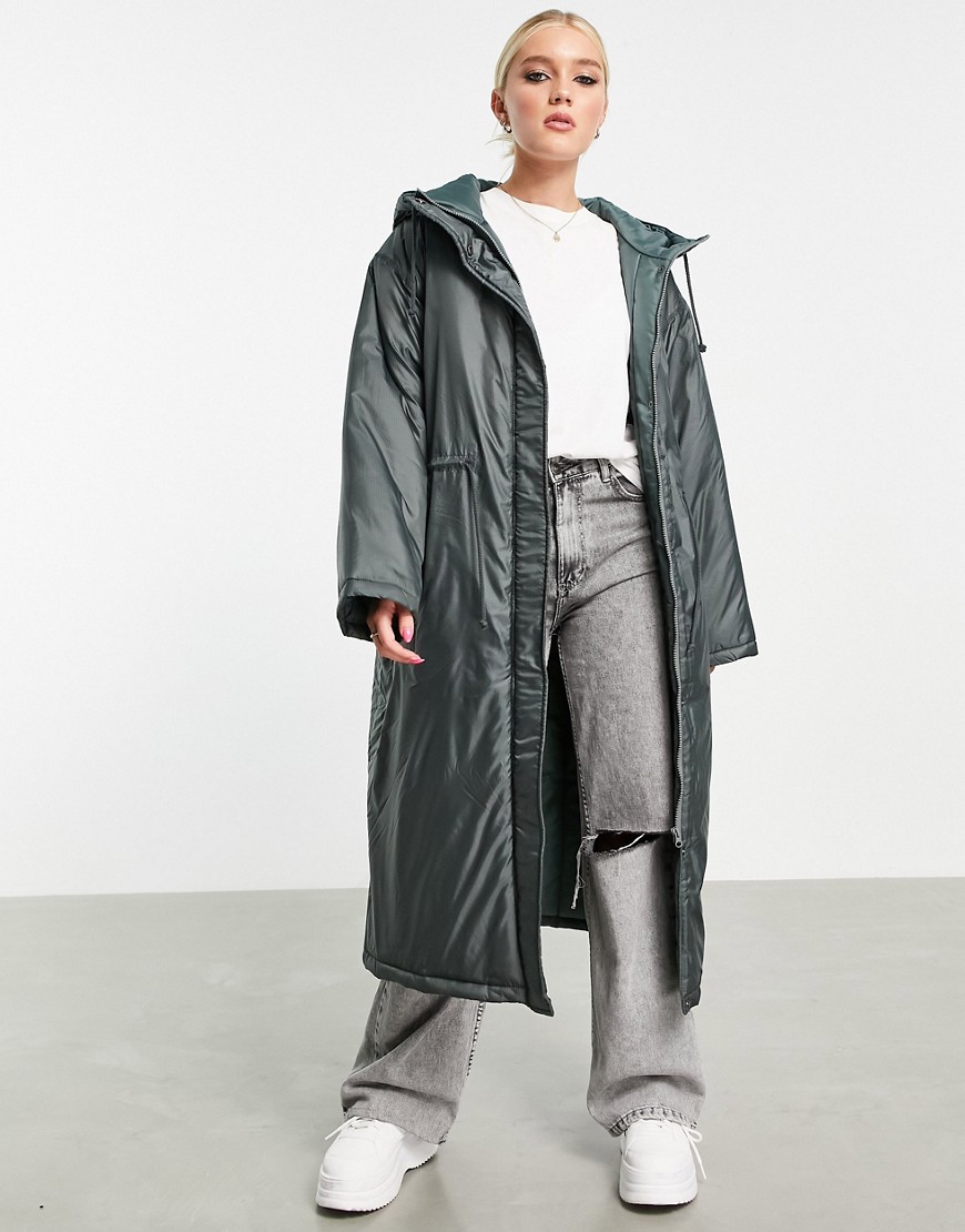 Asos Design Puffer Parka Coat In Charcoal - Grey
