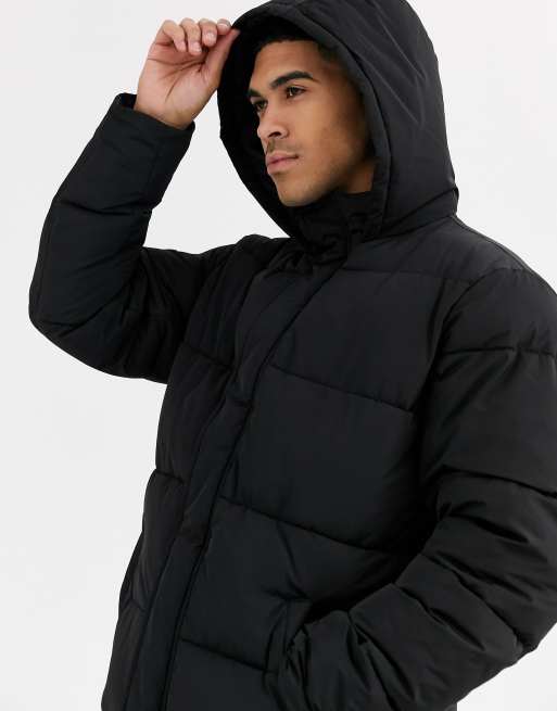 Asos design sustainable puffer jacket with hood in online black