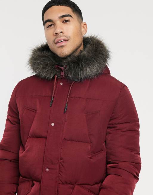 Burgundy jacket with hot sale fur hood