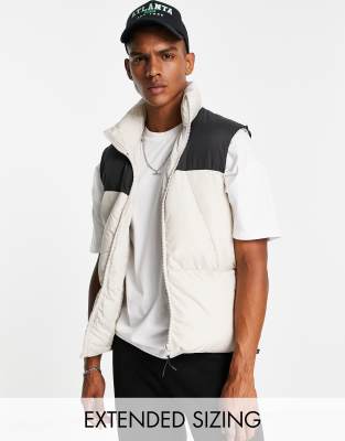 ASOS DESIGN puffer vest in stone with contrast black yoke