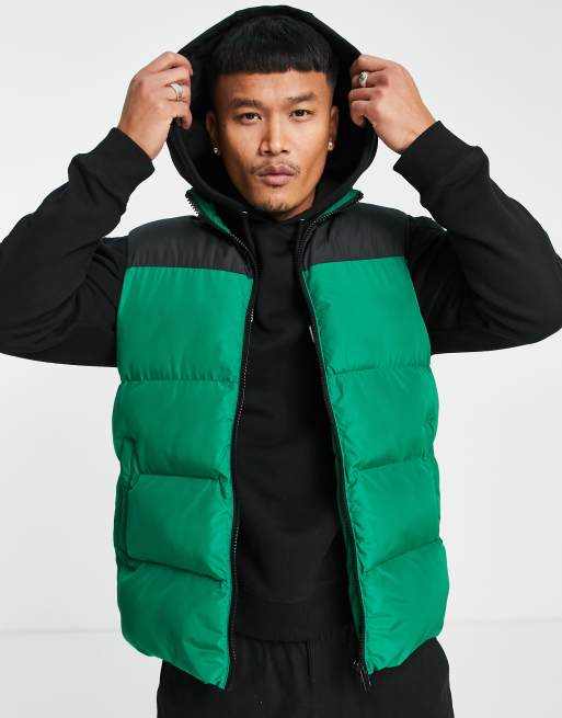 ASOS DESIGN puffer vest with contrast panel and packable hood in green