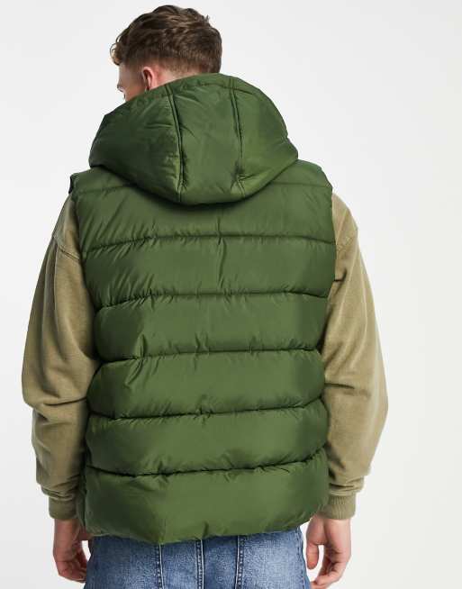 ASOS DESIGN puffer vest with hood in green