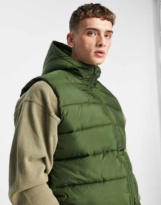 ASOS DESIGN puffer vest with hood in green