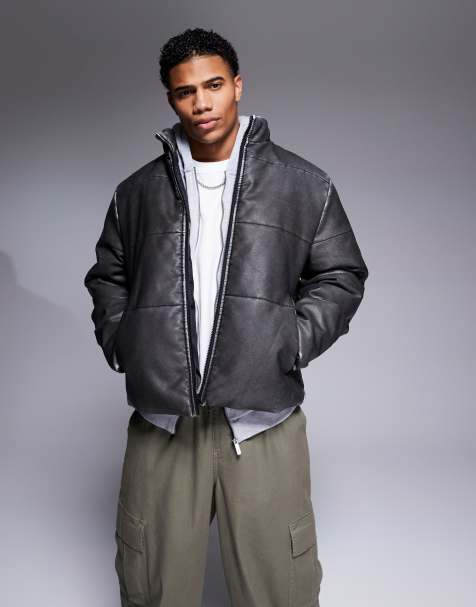 ASOS DESIGN – Pufferjacke aus Kunstleder in verwaschenem Schwarz - view 1