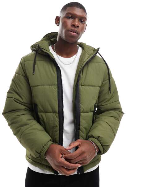 ASOS DESIGN – Pufferjacke aus Nylon in Khaki mit farblich abgesetzten Besatz - view 1