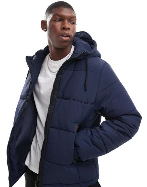 ASOS DESIGN – Pufferjacke aus Nylon in Marineblau mit farblich abgesetzten Besatz, 2 von 4