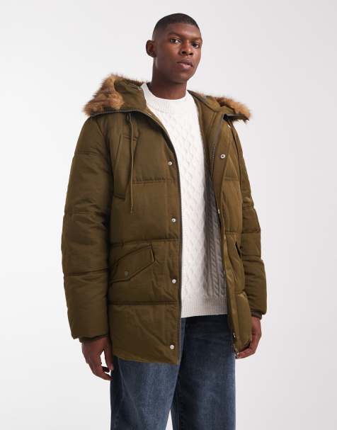 ASOS DESIGN – Pufferjacke in Dunkelgrün mit Kunstpelz-Kapuze - view 1
