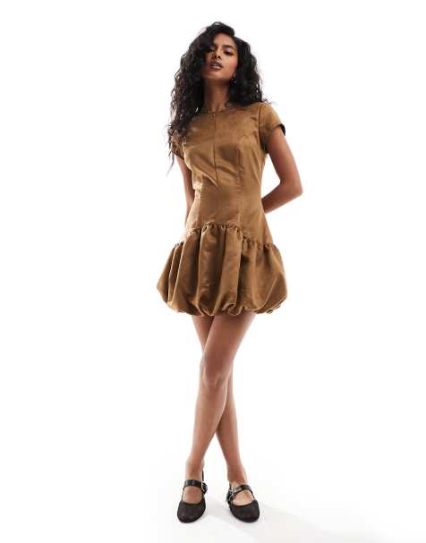 ASOS DESIGN - Puffet minikjole i gyldenbrunt, imiteret ruskind - view 1