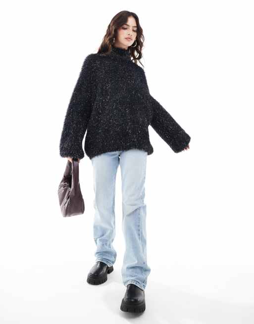 ASOS DESIGN - Pull à col cheminée en maille frangée avec manches banane - Noir, 3 de 4