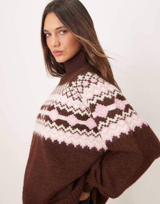 ASOS DESIGN - Pull à col montant avec empiècement à motifs - Chocolat, 3 de 4