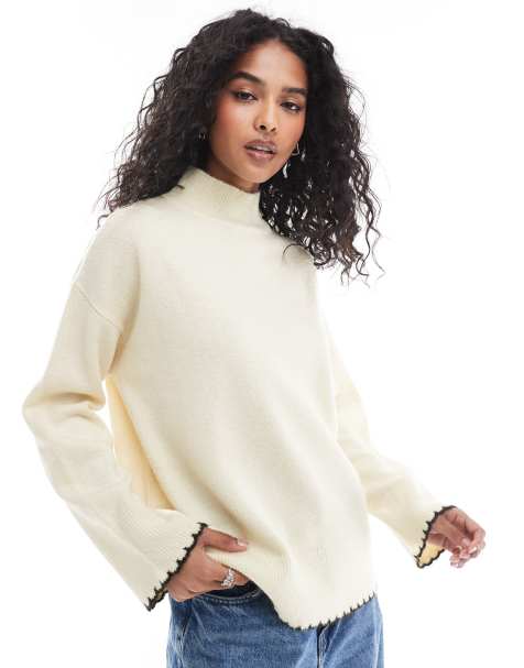 ASOS DESIGN - Pull à col montant avec point de feston - Crème - view 1
