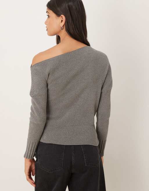 ASOS DESIGN - Pull à épaule dénudée en maille chenille - Gris, 2 de 4