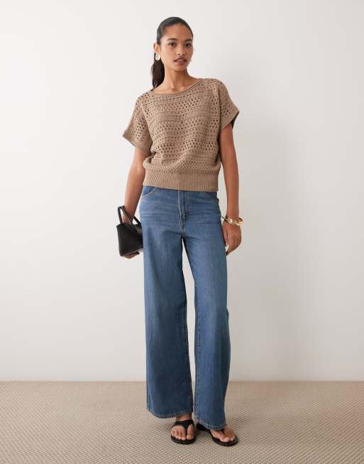 ASOS DESIGN pull à manches courtes en maille pointelle détaillée couleur beige moka, 2 de 4