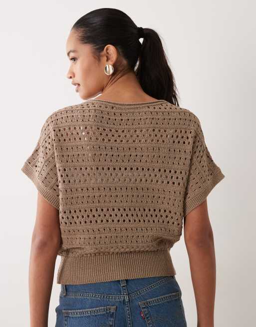 ASOS DESIGN pull à manches courtes en maille pointelle détaillée couleur beige moka, 3 de 4