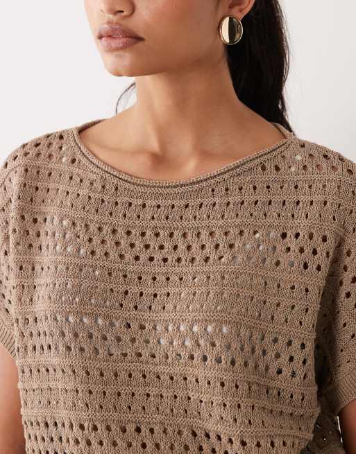ASOS DESIGN pull à manches courtes en maille pointelle détaillée couleur beige moka, 4 de 4