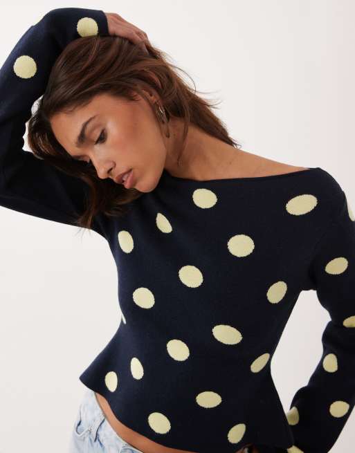 ASOS DESIGN - Pull à pois en maille fine avec encolure bateau - Bleu marine, 3 de 4