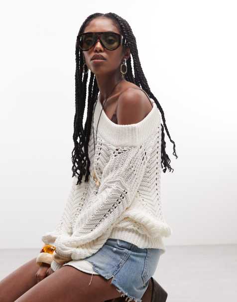 ASOS DESIGN - Pull ample au crochet à épaules dénudées - Crème - view 1