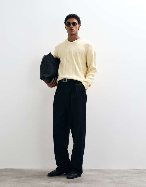 ASOS DESIGN pull ample en maille col V à côtes jaune, 2 de 5