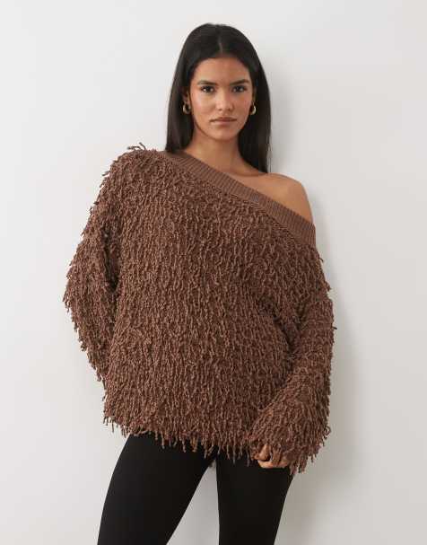 ASOS DESIGN - Pull asymétrique en maille texturée à épaules dénudées - Chocolat - view 1