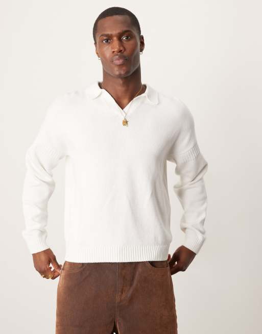 ASOS DESIGN - Pull avec col à encoche en maille coupe carrée décontractée - Blanc cassé