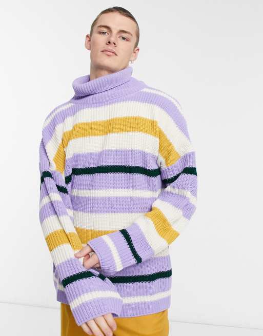 ASOS DESIGN - Pull col cheminée oversize en tricot côtelé style pêcheur - Rayures multicolores