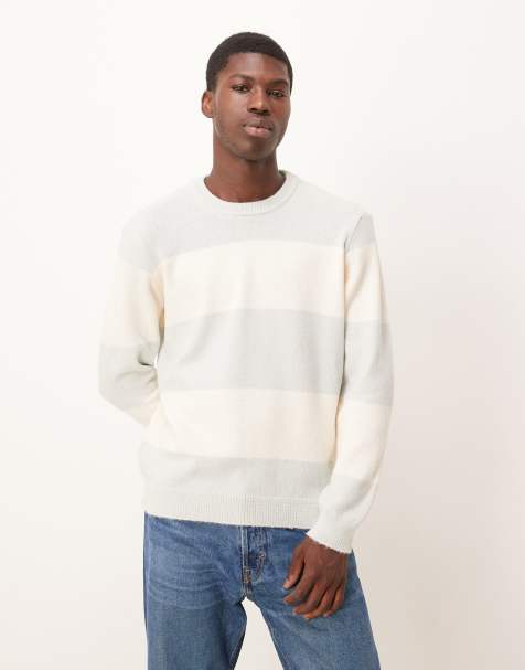 ASOS DESIGN - Pull col ras de cou rayé coupe décontractée en maille - Gris et blanc - view 1