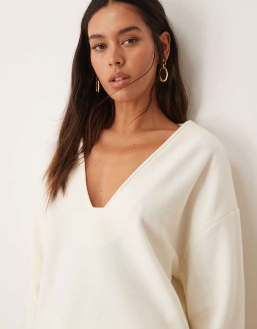 ASOS DESIGN - Pull col V à décolleté plongeant en tissu ultra doux épuré - Blanc, 3 de 4