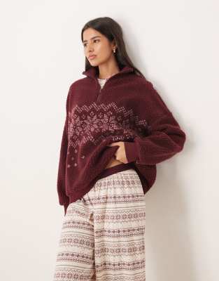 Pull confort en imitation peau de mouton à imprimé jacquard avec col cheminée - Bordeaux-Rouge L