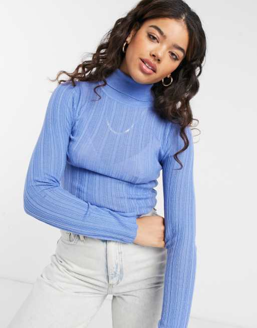 ASOS DESIGN - Pull côtelé à col roulé - Bleu clair