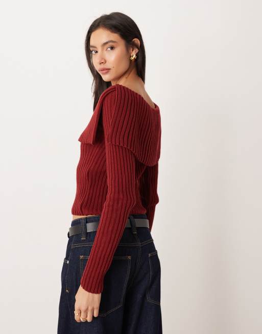 ASOS DESIGN - Pull côtelé à encolure Bardot - Bordeaux, 3 de 4