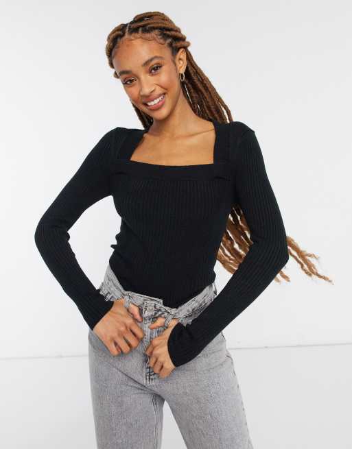 ASOS DESIGN - Pull côtelé à encolure carrée dégagée - Noir