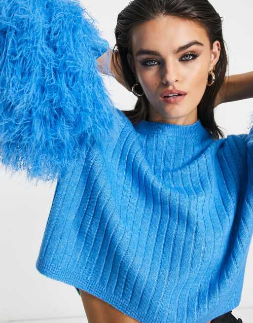 ASOS DESIGN - Pull côtelé avec manches ornées de plumes - Bleu, 3 de 4
