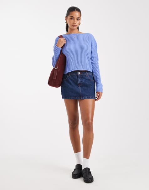 ASOS DESIGN - Pull côtelé coupe carrée à col ras de cou et bords roulés - Bleu - view 1