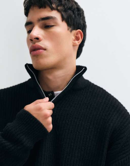 ASOS DESIGN pull côtelé en mélange de laine, coupe super oversize, demi-zip, noir, 3 de 5