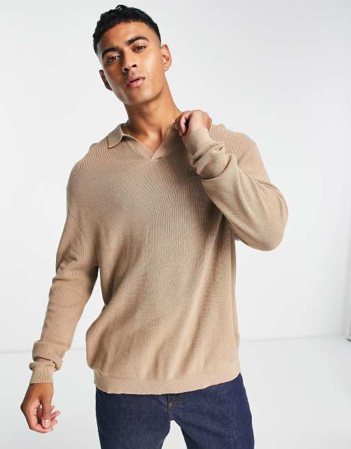 ASOS DESIGN - Pull côtelé oversize léger avec col cranté - Taupe