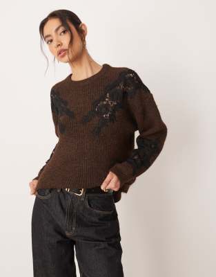 Pull coupe carrée à col ras de cou et empiècement en dentelle - Chocolat-Brown S