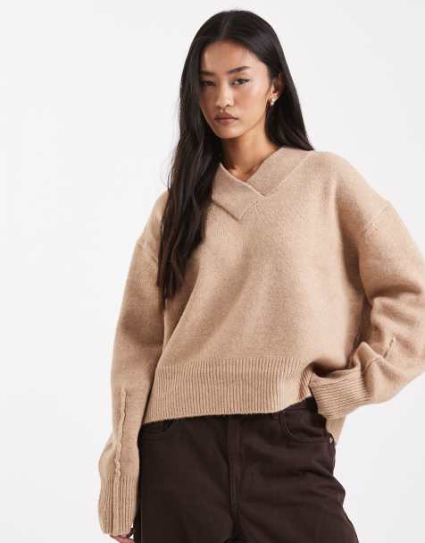 ASOS DESIGN - Pull coupe carrée à col V et fentes latérales - Camel - view 1