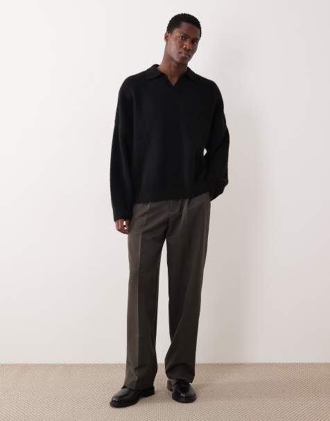 Pull coupe carrée ultra oversize en maille à côtes anglaises et col cranté - Noir
