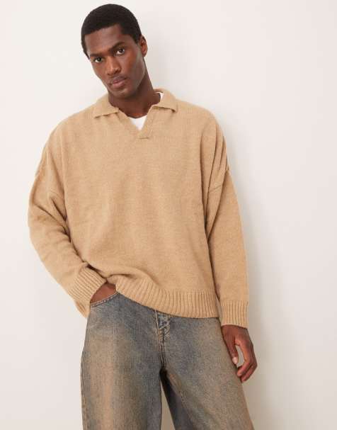 ASOS DESIGN - Pull coupe carrée ultra oversize en maille brossée à col cranté - Beige - view 1
