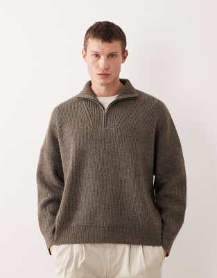 ASOS DESIGN - Pull coupe carrée ultra oversize en maille côtelée avec col cheminée - Marron chiné-Brown