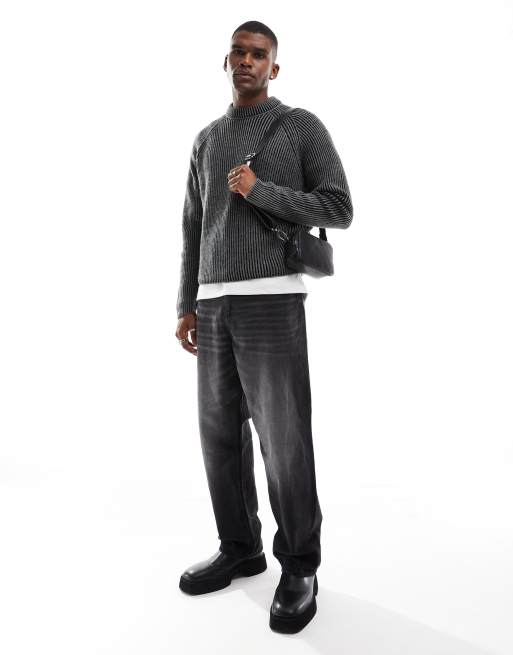 ASOS DESIGN knitted oversized cropped plated rib jumper in charcoal